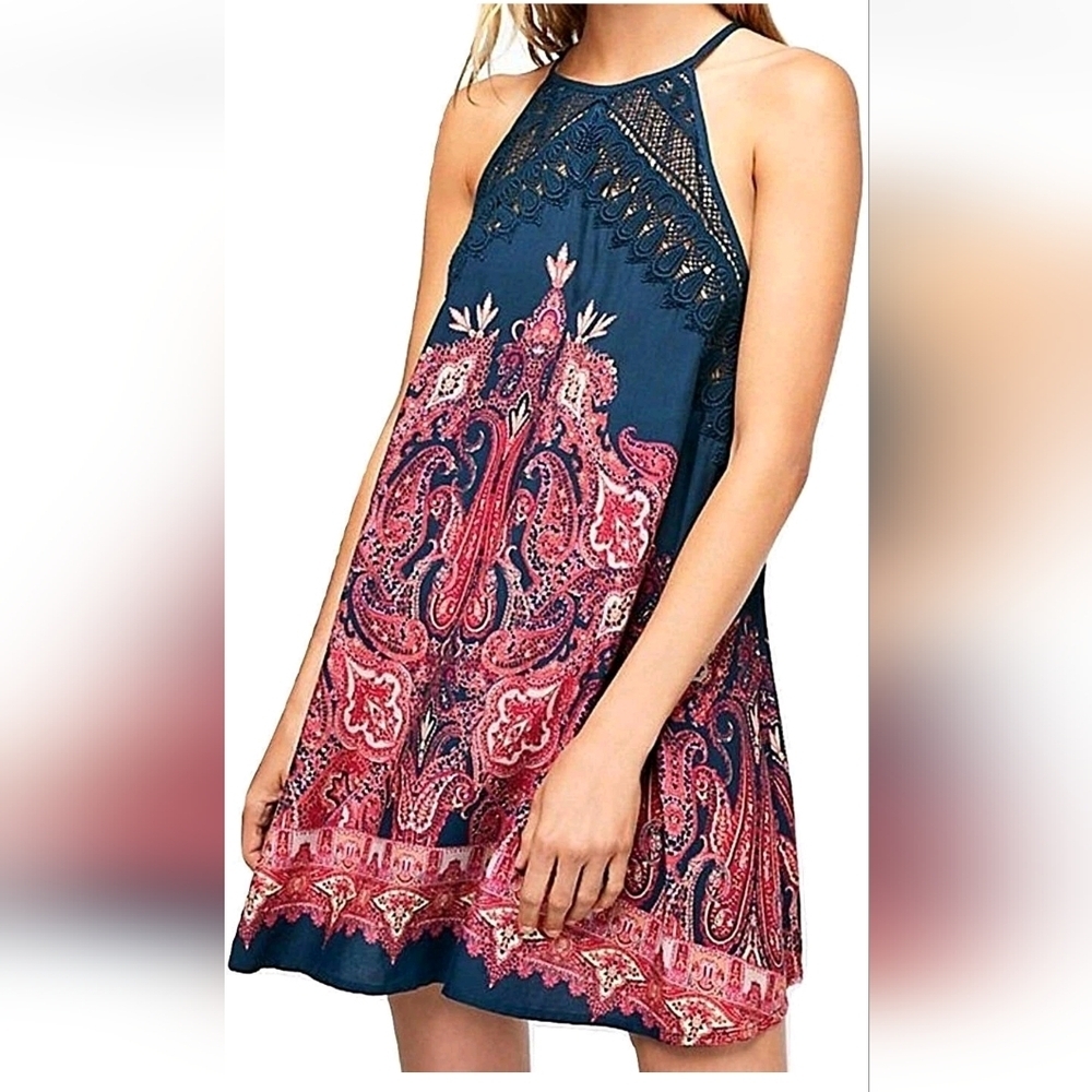 Free People Shea Printed Halter Mini A-Line Navy Dress Size Medium